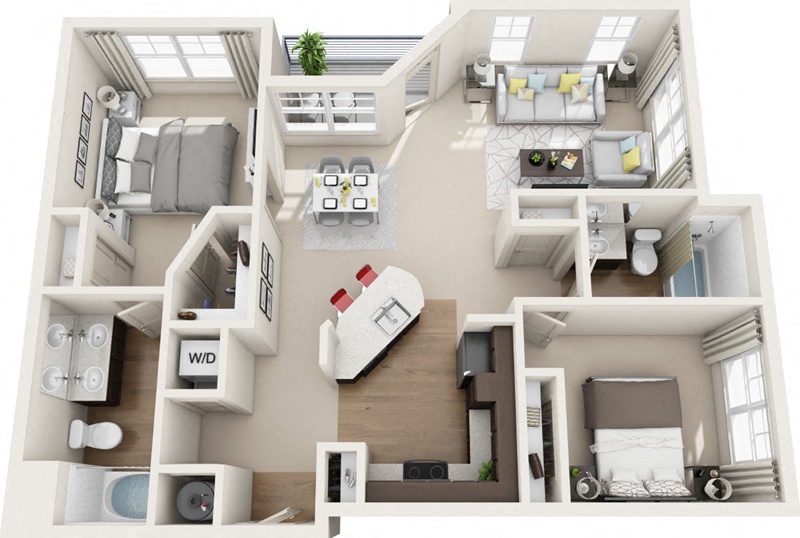 Floor plan for 2 beds, 2 baths, 1152 sqft